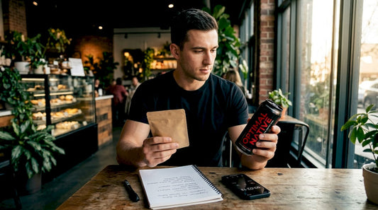 Person comparing energy drink and pouch at table