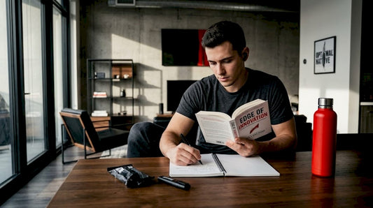 Man reading at small home desk, sunlight streaming in