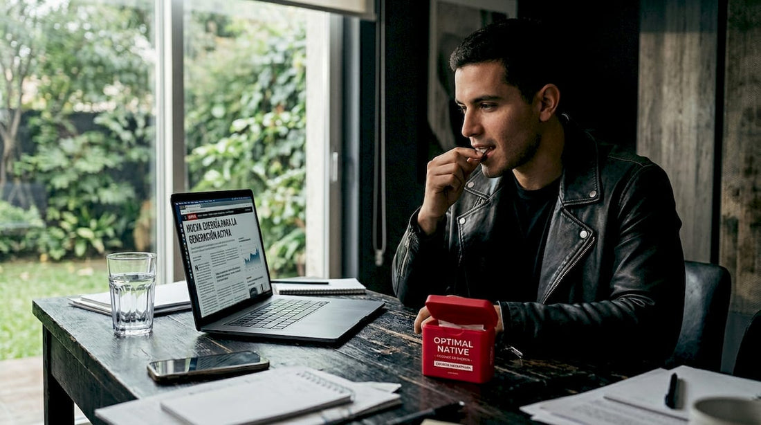 Un joven organiza y utiliza un pouch mientras trabaja en su escritorio.