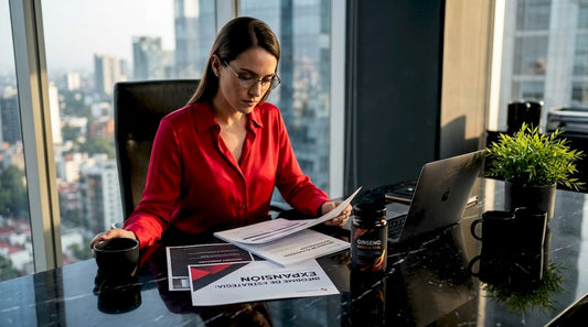 Profesional revisa papeles y toma ginseng en su lugar de trabajo