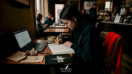 Student studying late with coffee in dorm