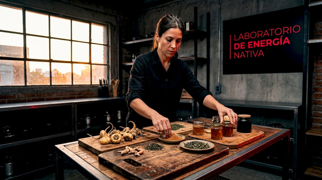 Una mujer organiza en la mesa de la cocina varios ingredientes naturales llenos de energía.