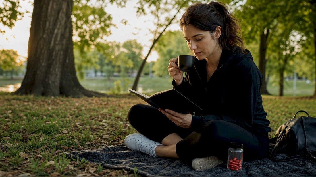 Joven emprendedora investigando sobre nootrópicos mientras disfruta de un café