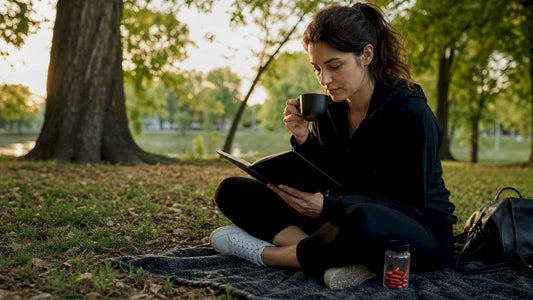 Joven emprendedora investigando sobre nootrópicos mientras disfruta de un café
