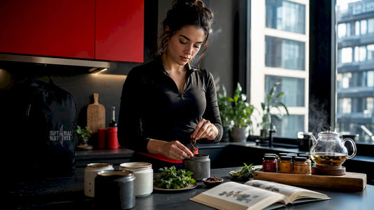 Woman preparing natural focus-enhancing tea at kitchen table