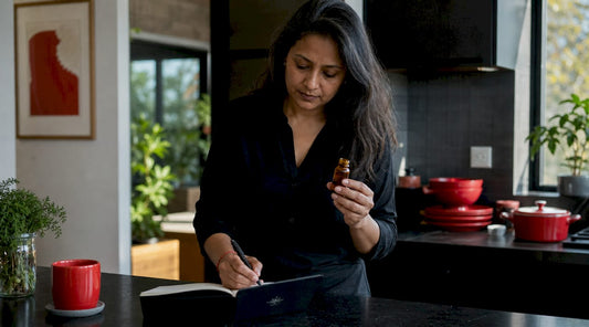 Woman researching adaptogens in home study