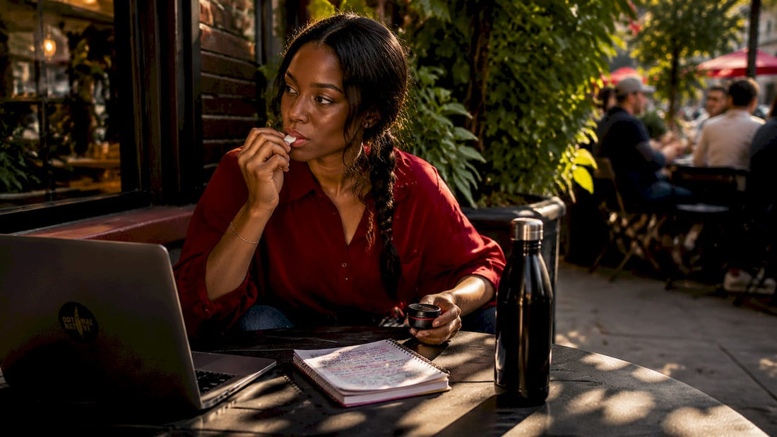 Woman using nicotine-free energy pouch in coworking space