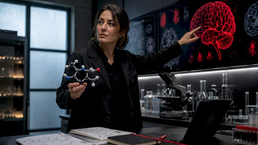 Scientist illustrating caffeine's effect on brain