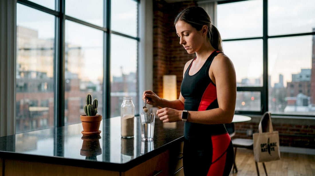 Woman preparing clean energy supplement drink at home