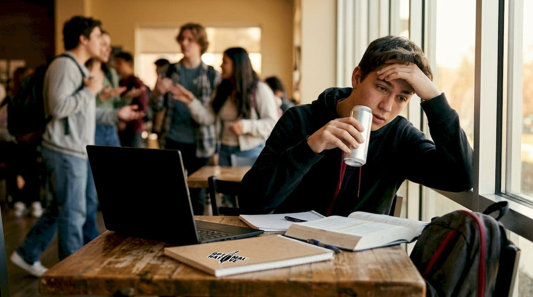 Student feels tired holding energy drink in library