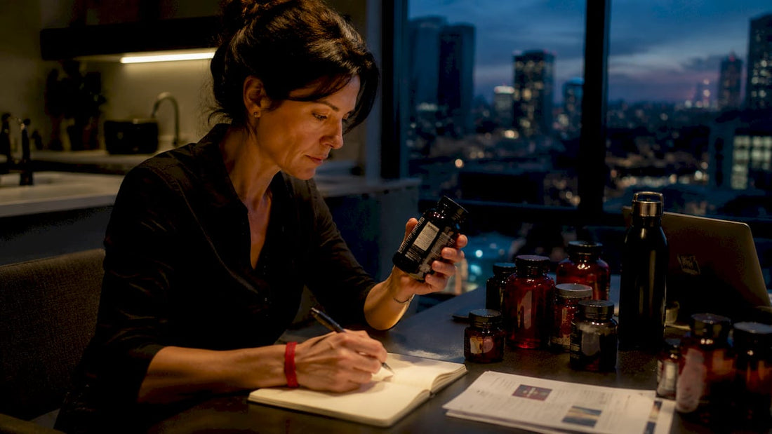 Woman comparing non-addictive energy supplements at home